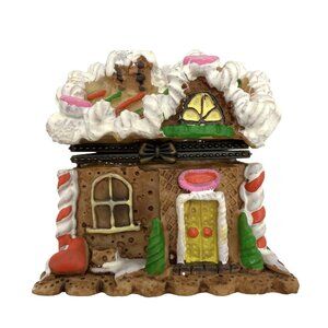 Ceramic Hinged Gingerbread House Christmas Trinket Box Candy Cane 2.5”